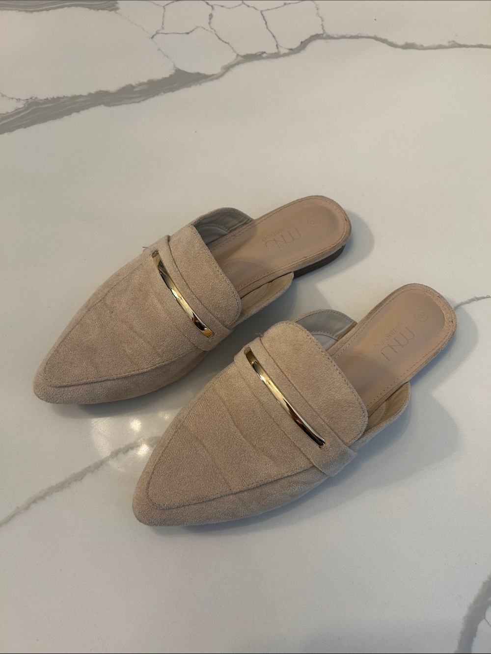 Pointed-Toe Suede Slip-On Mules with Gold Bar in Beige